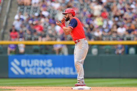 DENVER, CO – AUGUST 26: Matt Carpenter #13 of the St. Louis Cardinals celebrates and acts like he’s eating salsa after reaching second base on a seventh inning double for his fourth double of the game against the Colorado Rockies at Coors Field on August 26, 2018 in Denver, Colorado. Players are wearing special jerseys with their nicknames on them during Players’ Weekend. (Photo by Dustin Bradford/Getty Images)