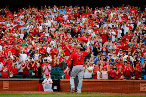 Albert Pujols #5 of the Los Angeles Angels of Anaheim acknowledges a standing ovation from the fans prior to batting against the St. Louis Cardinals at Busch Stadium on June 23, 2019 in St. Louis, Missouri. (Photo by Dilip Vishwanat/Getty Images)