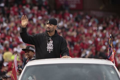 ST. LOUIS, MO – OCTOBER 30: Albert Pujols of the St. Louis Cardinals participates in a parade celebrating the team’s 11th World Series championship October 30, 2011 at Busch Stadium in St. Louis, Missouri. (Photo by Whitney Curtis/Getty Images)