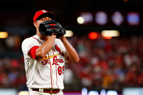 ST LOUIS, MO – AUGUST 10: Giovanny Gallegos #65 of the St. Louis Cardinals returns to the dugout after retiring the side against the Pittsburgh Pirates in the eighth inning at Busch Stadium on August 10, 2019 in St Louis, Missouri. (Photo by Dilip Vishwanat/Getty Images)