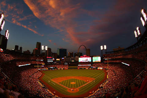 ST. LOUIS, MO – AUGUST 12: The sun sets over Busch Stadium during a game between the St. Louis Cardinals and the Atlanta Braves on August 12, 2017 in St. Louis, Missouri. (Photo by Dilip Vishwanat/Getty Images)