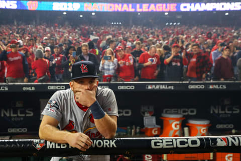 WASHINGTON, DC – OCTOBER 15: Harrison Bader #48 of the St. Louis Cardinals reacts losing in game four of the National League Championship Series to the Washington Nationals at Nationals Park on October 15, 2019 in Washington, DC. (Photo by Patrick Smith/Getty Images)