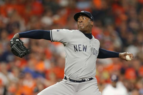 HOUSTON, TEXAS – OCTOBER 13: Aroldis Chapman #54 of the New York Yankees pitches during the ninth inning against the Houston Astros in game two of the American League Championship Series at Minute Maid Park on October 13, 2019 in Houston, Texas. (Photo by Bob Levey/Getty Images)