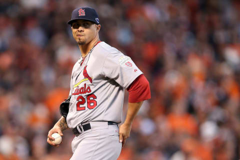 SAN FRANCISCO, CA – OCTOBER 22: Kyle Lohse #26 of the St. Louis Cardinals reacts in the third inning while taking on the San Francisco Giants in Game Seven of the National League Championship Series at AT&T Park on October 22, 2012 in San Francisco, California. (Photo by Christian Petersen/Getty Images)