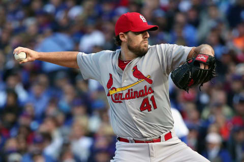 CHICAGO, IL – OCTOBER 13: John Lackey #41 of the St. Louis Cardinals throws a pitch in the first inning against the Chicago Cubs during game four of the National League Division Series at Wrigley Field on October 13, 2015 in Chicago, Illinois. (Photo by Jonathan Daniel/Getty Images)