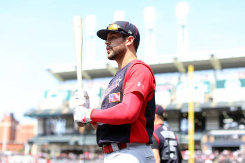 CLEVELAND, OH – JULY 07: Dylan Carlson #8 of the National League Futures Team looks on during batting practice prior to the SiriusXM All-Star Futures Game at Progressive Field on Sunday, July 7, 2019 in Cleveland, Ohio. (Photo by Rob Tringali/MLB Photos via Getty Images)