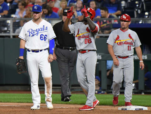 KANSAS CITY, MO. – AUGUST 14: St. Louis Cardinals rookie center fielder Randy Arozarena (66) celebrates on first base after getting his second base hit of the night during a Major League Baseball game between the St. Louis Cardinals and the Kansas City Royals on August 14, 2019, at Kauffman Stadium, Kansas City, MO. (Photo by Keith Gillett/Icon Sportswire via Getty Images)