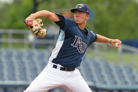 Port Charlotte, FL – JUL 06: 2018 Tampa Bay Rays first round pick 18-year-old left-hander Matthew Liberatore makes his professional debut as the starting pitcher for the GCL Rays during the Gulf Coast League (GCL) game between the GCL Orioles and the GCL Rays on July 06, 2018, at the Charlotte Sports Park in Port Charlotte, FL. (Photo by Cliff Welch/Icon Sportswire via Getty Images)