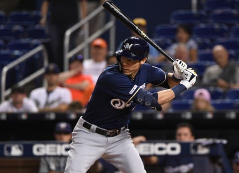 MIAMI, FLORIDA – SEPTEMBER 10: Christian Yelich #22 of the Milwaukee Brewers at bat in the first inning against the Miami Marlins at Marlins Park on September 10, 2019 in Miami, Florida. (Photo by Mark Brown/Getty Images)