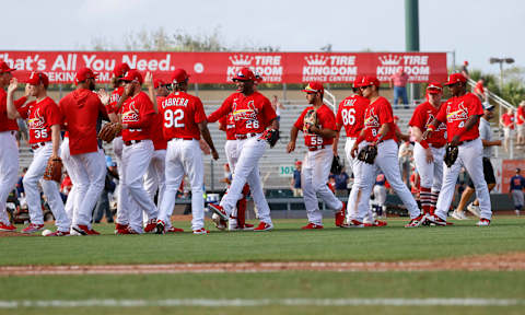 JUPITER, FL – MARCH 3: The St. Louis Cardinals celebrate their win against Houston Astros during a spring training game at Roger Dean Chevrolet Stadium on March 3, 2020 in Jupiter, Florida. The Cardinals defeated the Astros 6-3. (Photo by Joel Auerbach/Getty Images)