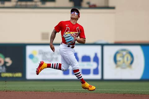 JUPITER, FL – FEBRUARY 25: Kolten Wong #16 of the St Louis Cardinals runs under a pop up just beyind the infield during a Grapefruit League spring training game against the Washington Nationals at Roger Dean Stadium on February 25, 2020 in Jupiter, Florida. The Nationals defeated the Cardinals 9-6. (Photo by Joe Robbins/Getty Images)