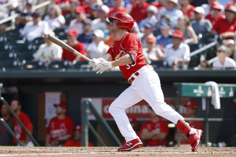 JUPITER, FL – MARCH 05: Lane Thomas #35 of the St Louis Cardinals hits a three-run home run against the New York Mets in the fourth inning of a Grapefruit League spring training game on March 5, 2020 in Jupiter, Florida. The game ended in a 7-7 tie. (Photo by Joe Robbins/Getty Images)