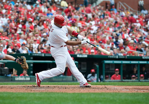 Albert Pujols #5 of the St. Louis Cardinals bats against the Cincinnati Reds at Busch Stadium on September 3, 2011 in St. Louis, Missouri. (Photo by Jeff Curry/Getty Images)