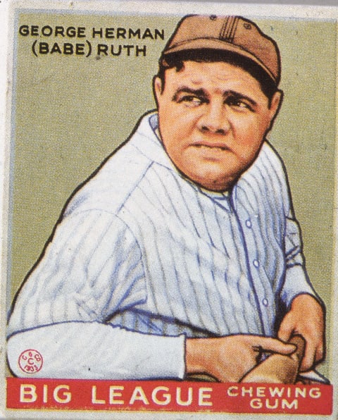 An illustration of American baseball player George Herman (Babe) Ruth (1895 – 1948) on a bubble gum card, 1933. (Photo by Blank Archives/Getty Images)