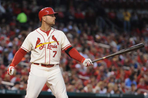 ST. LOUIS, MO – SEPTEMBER 13: Matt Holliday #7 of the St. Louis Cardinals hits against the Colorado Rockies at Busch Stadium on September 13, 2014 in St. Louis, Missouri. (Photo by Michael B. Thomas/Getty Images)