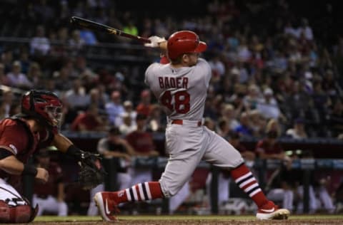 PHOENIX, ARIZONA – SEPTEMBER 25: Harrison Bader #48 of the St. Louis Cardinals swings at a pitch in the ninth inning of the MLB game against the Arizona Diamondbacks at Chase Field on September 25, 2019 in Phoenix, Arizona. The Arizona Diamondbacks won 9 to 7. (Photo by Jennifer Stewart/Getty Images)