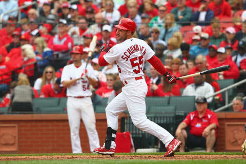 ST. LOUIS, MO – APRIL 29: Skip Schumaker #55 of the St. Louis Cardinals bats against the Milwaukee Brewers at Busch Stadium on April 29, 2012 in St. Louis, Missouri. (Photo by Dilip Vishwanat/Getty Images)