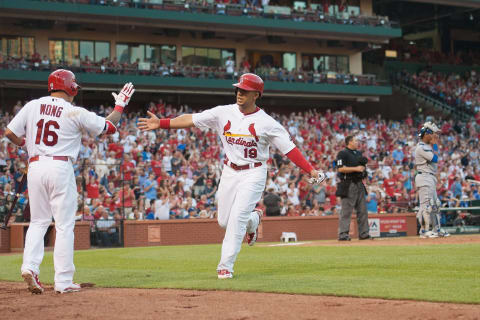 ST. LOUIS, MO – JUNE 12: Jon Jay #19 of the St. Louis Cardinals scores in the second inning against the Kansas City Royals at Busch Stadium on June 12, 2015 in St. Louis, Missouri. (Photo by Michael Thomas/Getty Images)