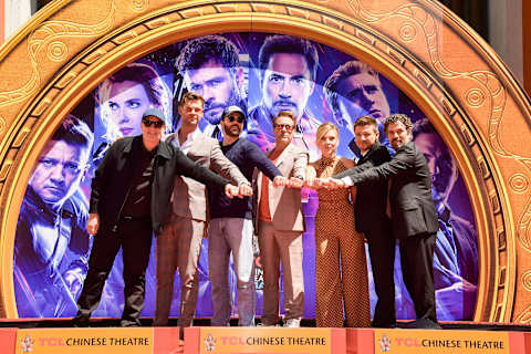 HOLLYWOOD, CALIFORNIA – APRIL 23: President of Marvel Studios/Producer Kevin Feige, Chris Hemsworth, Chris Evans, Robert Downey Jr., Scarlett Johansson, Mark Ruffalo, and Jeremy Renner attends the Marvel Studios’ ‘Avengers: Endgame’ cast place their hand prints in cement at TCL Chinese Theatre IMAX Forecourt at TCL Chinese Theatre IMAX on April 23, 2019 in Hollywood, California. (Photo by Matt Winkelmeyer/Getty Images)