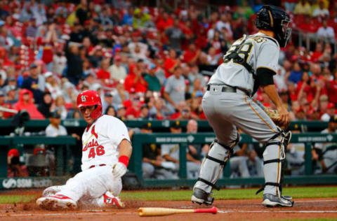 ST LOUIS, MO – JULY 15: Paul Goldschmidt #46 of the St. Louis Cardinals scores a run against the Pittsburgh Pirates in the first inning at Busch Stadium on July 15, 2019 in St Louis, Missouri. (Photo by Dilip Vishwanat/Getty Images)