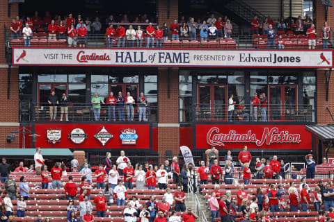 ST LOUIS, MO – APRIL 21: General view of fans in the outfield seats outside the St. Louis Cardinals Hall of Fame and Museum during a game against the Cincinnati Reds at Busch Stadium on April 21, 2018 in St Louis, Missouri. The Cardinals won 4-3. (Photo by Joe Robbins/Getty Images) *** Local Caption ***