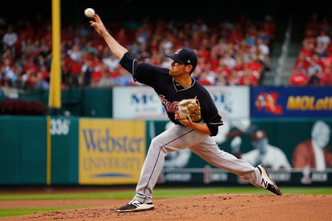 ST. LOUIS, MO – JUNE 27: Shane Bieber #57 of the Cleveland Indians delivers a pitch against the St. Louis Cardinals in the first inning at Busch Stadium on June 27, 2018 in St. Louis, Missouri. (Photo by Dilip Vishwanat/Getty Images)