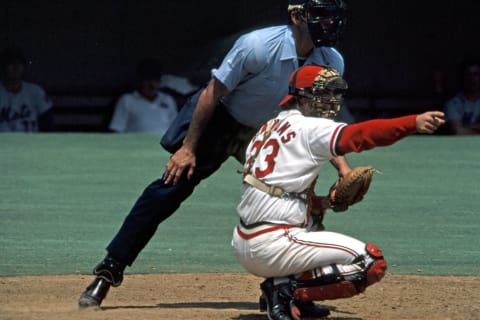 ST. LOUIS, MO – MAY 1: Ted Simmons of the St. Louis Cardinals appeals to the first base umpire for a call during a game of the 1974 season at Busch Stadium in St. Louis, Missouri. (Photo by St. Louis Cardinals, LLC/Getty Images)