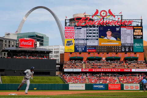 ST LOUIS, MO – SEPTEMBER 15: Cory Spangenberg #5 of the Milwaukee Brewers rounds third base after hitting a two-run home run against the St. Louis Cardinals in the seventh inning at Busch Stadium on September 15, 2019 in St Louis, Missouri. (Photo by Dilip Vishwanat/Getty Images)