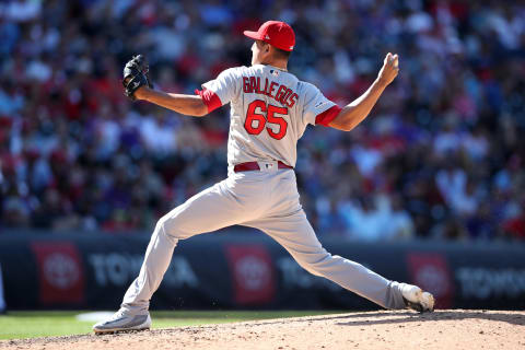 DENVER, CO – SEPTEMBER 12: Giovanny Gallegos #65 of the St. Louis Cardinals pitches during the game against the Colorado Rockies at Coors Field on September 12, 2019 in Denver, Colorado. The Cardinals defeated the Rockies 10-3. (Photo by Rob Leiter/MLB Photos via Getty Images)