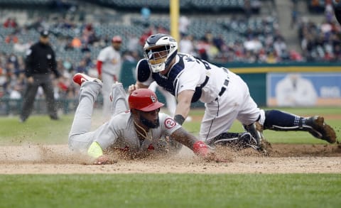 DETROIT, MI – SEPTEMBER 9: Marcell Ozuna #23 of the St. Louis Cardinals scores past the tag from catcher James McCann #34 of the Detroit Tigers on a single by Kolten Wong #16 of the St. Louis Cardinals during the seventh inning at Comerica Park on September 9, 2018 in Detroit, Michigan. (Photo by Duane Burleson/Getty Images)