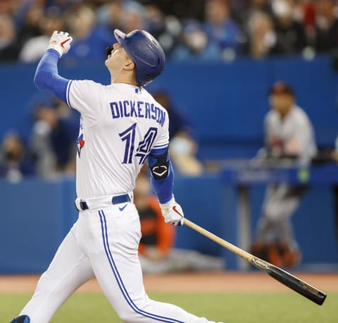 Corey Dickerson #14 of the Toronto Blue Jays at bat during their MLB game against the Baltimore Orioles at Rogers Centre on October 1, 2021 in Toronto, Ontario. (Photo by Cole Burston/Getty Images)