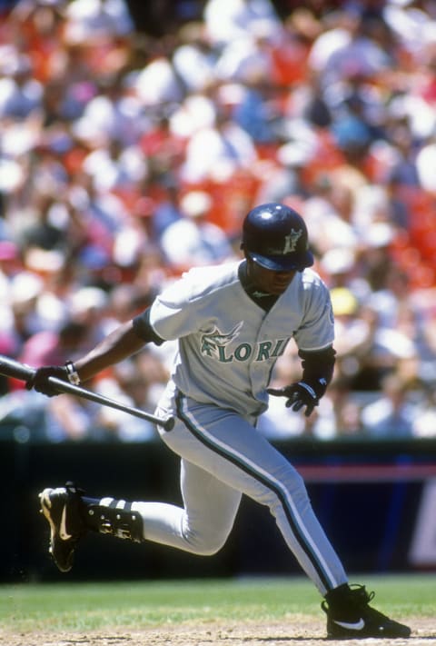 SAN FRANCISCO, CA – CIRCA 1996: Edgar Renteria #16 of the Florida Marlins bats against the San Francisco Giants during an Major League Baseball game circa 1996 at Candlestick Park in San Francisco, California. Renteria played for the Marlins in 1996-98. (Photo by Focus on Sport/Getty Images)