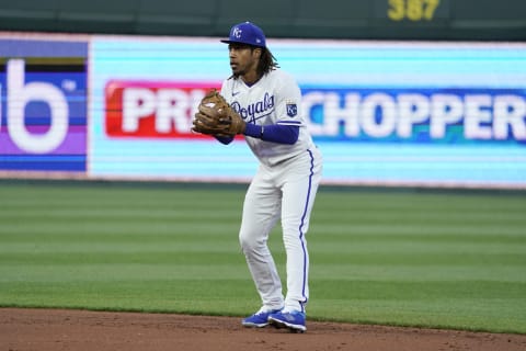 Adalberto Mondesi #27 of the Kansas City Royals in action in the first inning against the Detroit Tigers at Kauffman Stadium on April 15, 2022, in Kansas City, Missouri. (Photo by Ed Zurga/Getty Images)