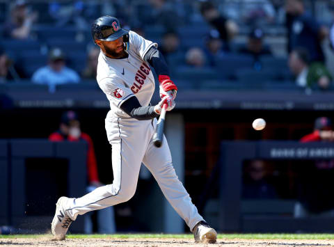 NEW YORK, NEW YORK – APRIL 24: Amed Rosario #1 of the Cleveland Guardians takes a swing in the ninth inning against the New York Yankees at Yankee Stadium on April 24, 2022 in the Bronx borough of New York City. The New York Yankees defeated the Cleveland Guardians 10-2. (Photo by Elsa/Getty Images)