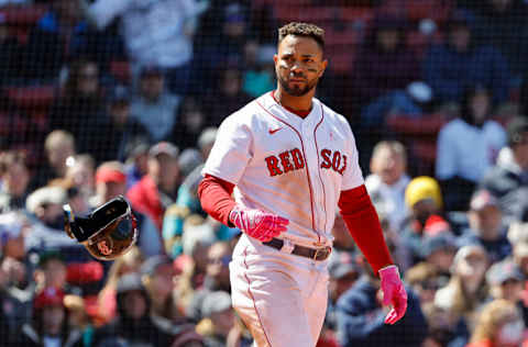 Xander Bogaerts #2 of the Boston Red Sox tosses his helmet after striking out against the Chicago White Sox during the eighth inning at Fenway Park on May 8, 2022 in Boston, Massachusetts. Teams across the league are wearing pink today in honor of Mothers Day. (Photo By Winslow Townson/Getty Images)