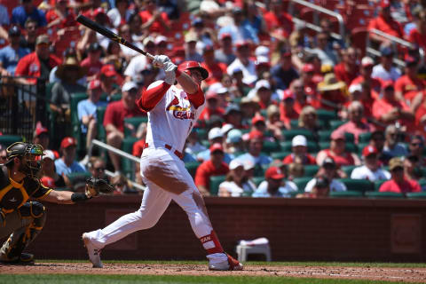 ST LOUIS, MO – MAY 30: Nolan Gorman #16 of the St. Louis Cardinals hits a two-run home run against the San Diego Padres during the third inning at Busch Stadium on May 30, 2022 in St Louis, Missouri. (Photo by Joe Puetz/Getty Images)