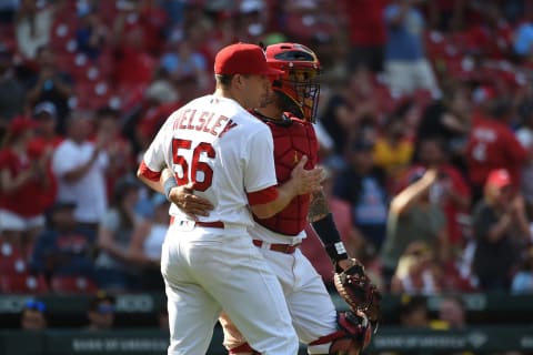 ST LOUIS, MO – MAY 30: Ryan Helsley #56 and Yadier Molina #4 of the St. Louis Cardinals celebrate a 6-3 victory over the San Diego Padres at Busch Stadium on May 30, 2022 in St Louis, Missouri. (Photo by Joe Puetz/Getty Images)