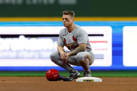 MILWAUKEE, WISCONSIN – APRIL 16: Tyler O’Neill #27 of the St. Louis Cardinals takes a break between pitchers against the Milwaukee Brewers at American Family Field on April 16, 2022 in Milwaukee, Wisconsin. (Photo by John Fisher/Getty Images)