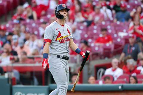 CINCINNATI, OHIO – APRIL 22: Corey Dickerson #25 of the St. Louis Cardinals walks back to the dugout after striking out in the first inning against the Cincinnati Reds at Great American Ball Park on April 22, 2022 in Cincinnati, Ohio. (Photo by Dylan Buell/Getty Images)