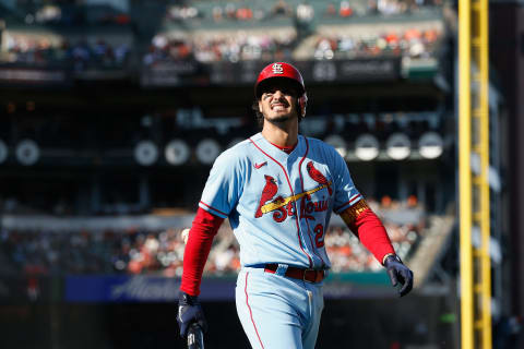 SAN FRANCISCO, CALIFORNIA – MAY 07: Nolan Arenado #28 of the St. Louis Cardinals looks on after an at bat against the San Francisco Giants at Oracle Park on May 07, 2022 in San Francisco, California. (Photo by Lachlan Cunningham/Getty Images)