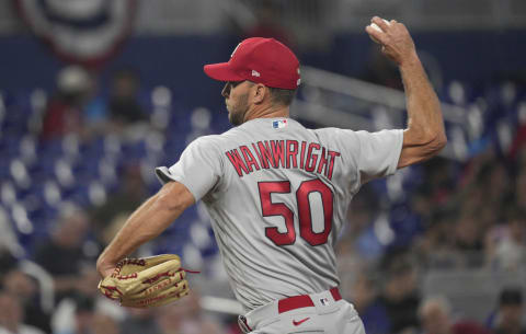 MIAMI, FLORIDA – APRIL 19: Adam Wainwright #50 of the St. Louis Cardinals delivers a pitch against the Miami Marlins at loanDepot park on April 19, 2022 in Miami, Florida. (Photo by Mark Brown/Getty Images)