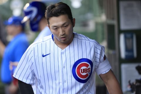 Seiya Suzuki #27 of the Chicago Cubs walks through the dugout in the game against the Arizona Diamondbacks at Wrigley Field on May 19, 2022 in Chicago, Illinois. (Photo by Justin Casterline/Getty Images)