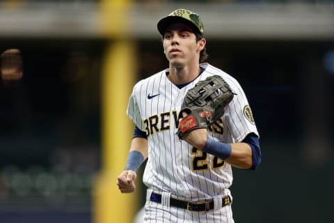 Christian Yelich #22 of the Milwaukee Brewers against the Washington Nationals at American Family Field on May 20, 2022 in Milwaukee, Wisconsin. (Photo by John Fisher/Getty Images)