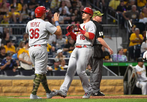 PITTSBURGH, PA – MAY 20: Nolan Gorman #16 of the St. Louis Cardinals is met by Juan Yepez #36 after they both came around to score on a RBI single by Yadier Molina #4 in the sixth inning during the game against the Pittsburgh Pirates at PNC Park on May 20, 2022 in Pittsburgh, Pennsylvania. (Photo by Justin Berl/Getty Images)