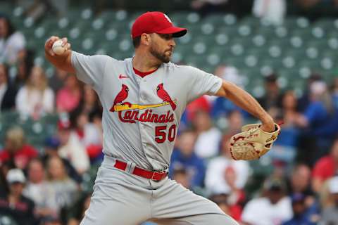 Adam Wainwright #50 of the St. Louis Cardinals throws a pitch during the first inning against the Chicago Cubs at Wrigley Field on June 05, 2022 in Chicago, Illinois. (Photo by Chase Agnello-Dean/Getty Images)