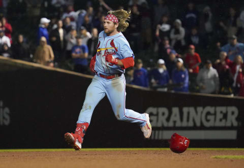 CHICAGO, ILLINOIS – JUNE 04: Brendan Donovan #33 of the St. Louis Cardinals hits a two RBI double during the tenth inning of Game Two of a doubleheader against the Chicago Cubs at Wrigley Field on June 04, 2022 in Chicago, Illinois. The Cardinals defeated the Cubs 7-4. (Photo by Nuccio DiNuzzo/Getty Images)