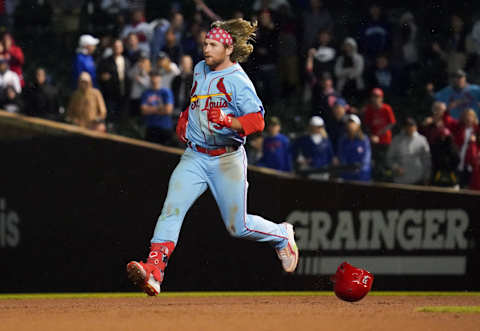 CHICAGO, ILLINOIS – JUNE 04: Brendan Donovan #33 of the St. Louis Cardinals hits a two RBI double during the tenth inning of Game Two of a doubleheader against the Chicago Cubs at Wrigley Field on June 04, 2022 in Chicago, Illinois. The Cardinals defeated the Cubs 7-4. (Photo by Nuccio DiNuzzo/Getty Images)