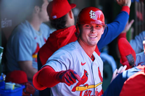 CHICAGO, IL – JUNE 03: Nolan Gorman #16 of the St. Louis Cardinals celebrates in the dugout after hitting a home run against the Chicago Cubs at Wrigley Field on June 03, 2022 in Chicago, Illinois. (Photo by Jamie Sabau/Getty Images)