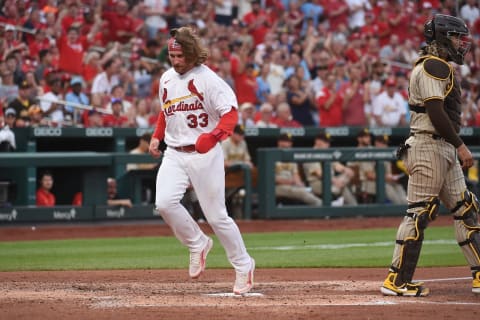 ST LOUIS, MO – MAY 31: Brendan Donovan #33 of the St. Louis Cardinals scores against the San Diego Padres at Busch Stadium on May 31, 2022 in St Louis, Missouri. (Photo by Joe Puetz/Getty Images)