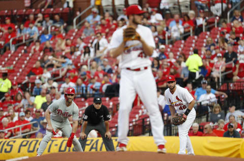 Philadelphia Phillies right fielder Bryce Harper (3) leads off of first base as St. Louis Cardinals starting pitcher Dakota Hudson (43) comes set. Credit: Billy Hurst-USA TODAY Sports